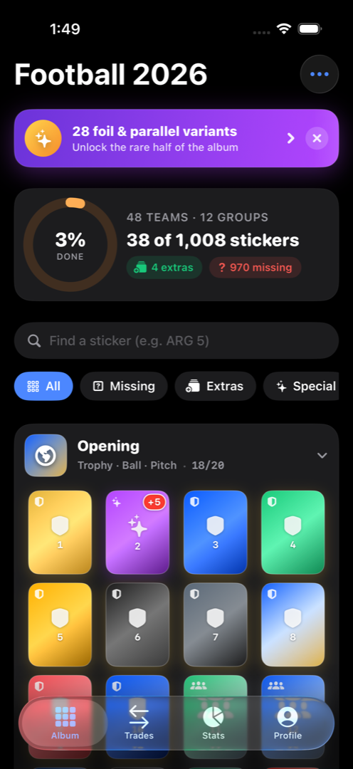 Coleccio album view showing the full sticker grid