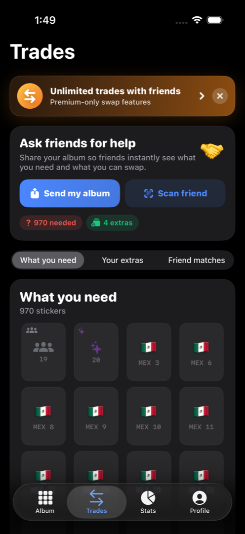 Trades view: send your album or scan a friend to find mutual swaps